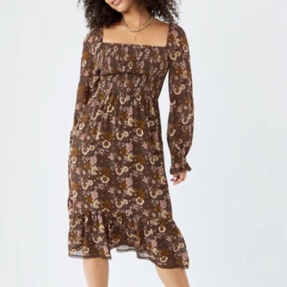 Wilfred size small grace midi sun dress brown white floral square neck boho